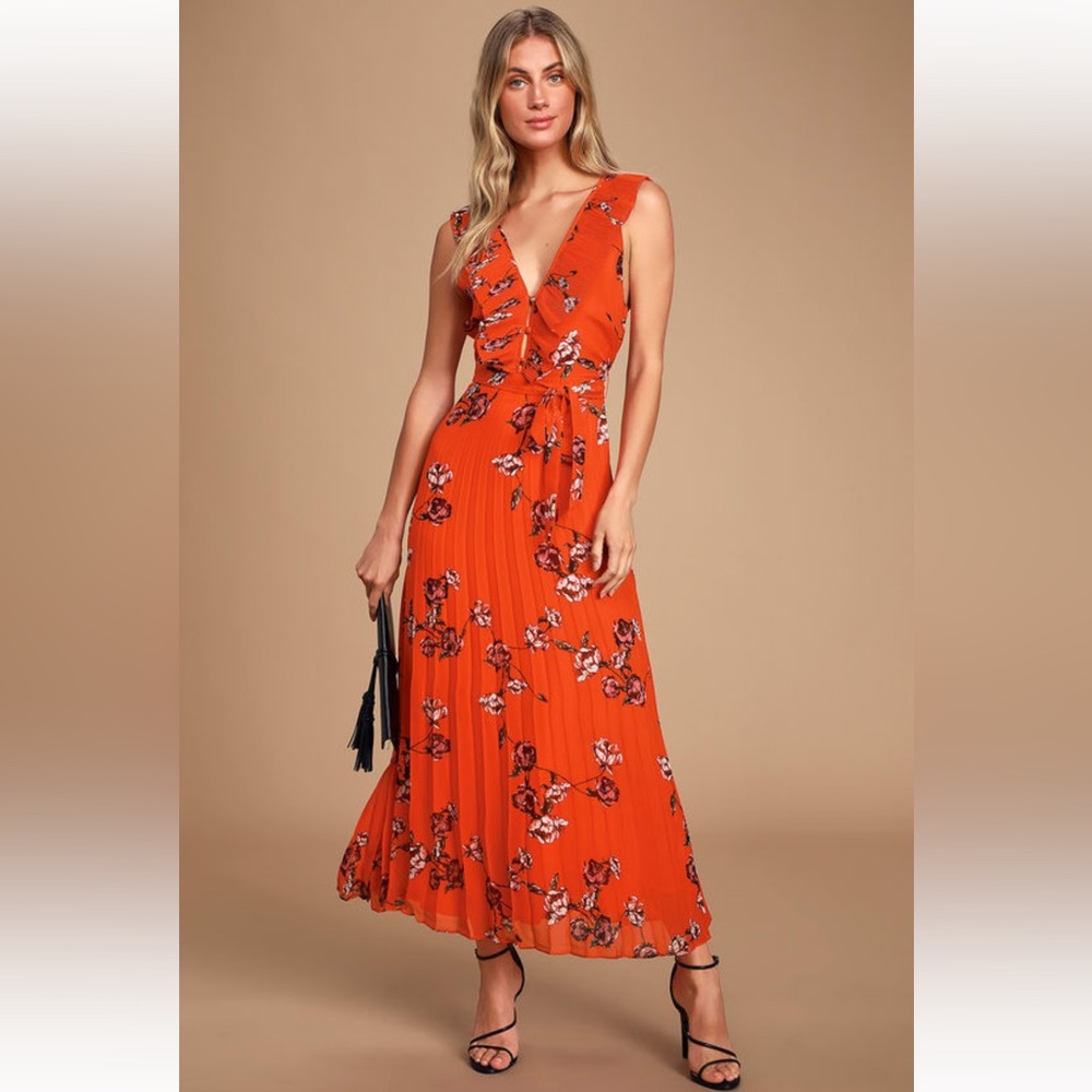 Lulu’s Loved By You Red Orange Floral Print Pleated Chiffon Maxi Dress